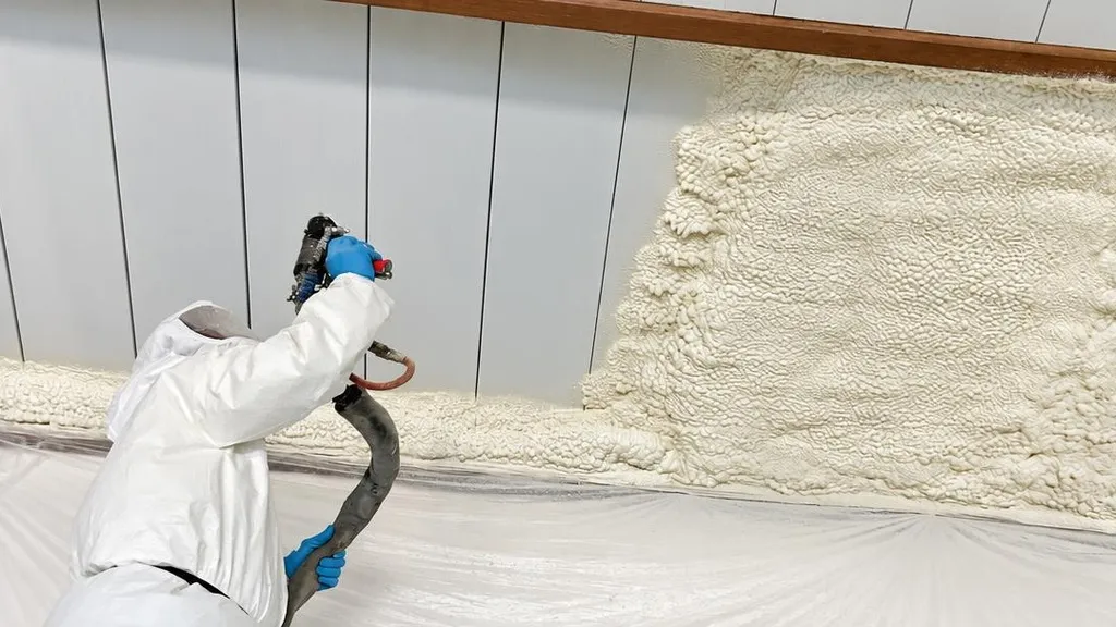 Eco Foam Hawaii installer in a protective suit spraying foam insulation onto an interior wall